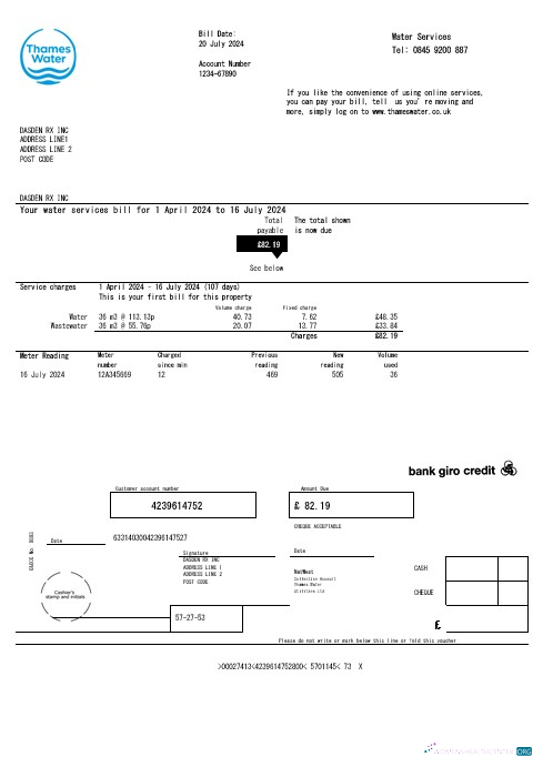 United Kingdom Thames Water business utility bill template in Word and PDF formats